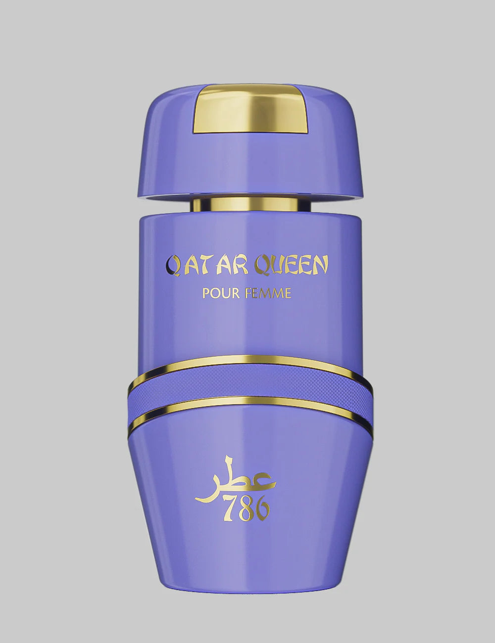 Detalle en primer plano del frasco de Qatar Queen Jo Milano mostrando reflejos dorados y etiqueta elegante