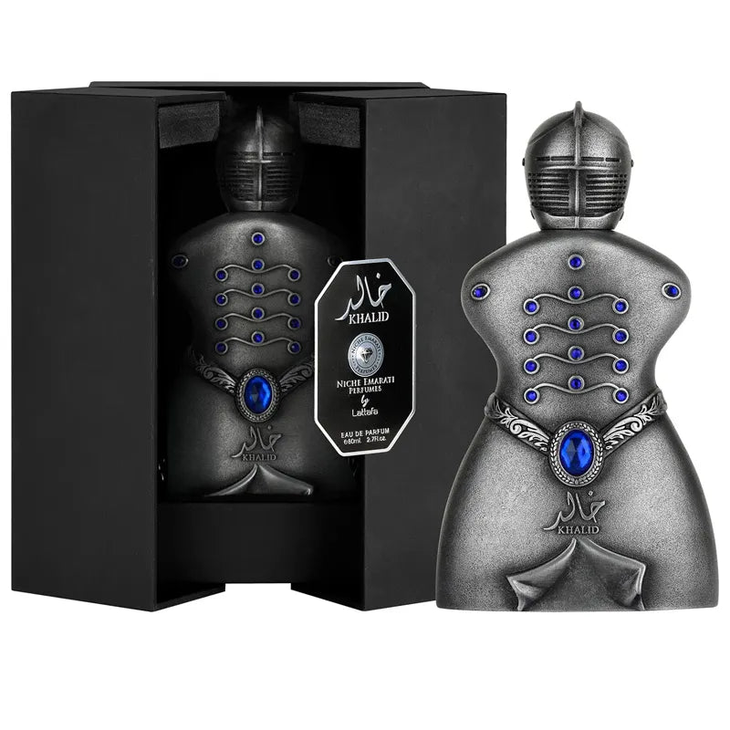 Fragancia Khalid Niche Emarati de Lattafa Unisex EDP 80ml con aroma lujoso inspirado en la tradición perfumera emiratí