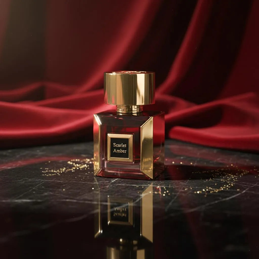 Detalle del frasco Korbaj Parfums Scarlet Ambar resaltando textura del vidrio y acabado metálico del tapón