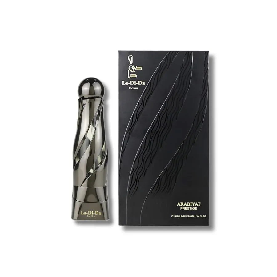 presentacion del perfume la di da arabiyat prestige 100 ml eau de parfum con frasco y caja acomodados de forma elegante