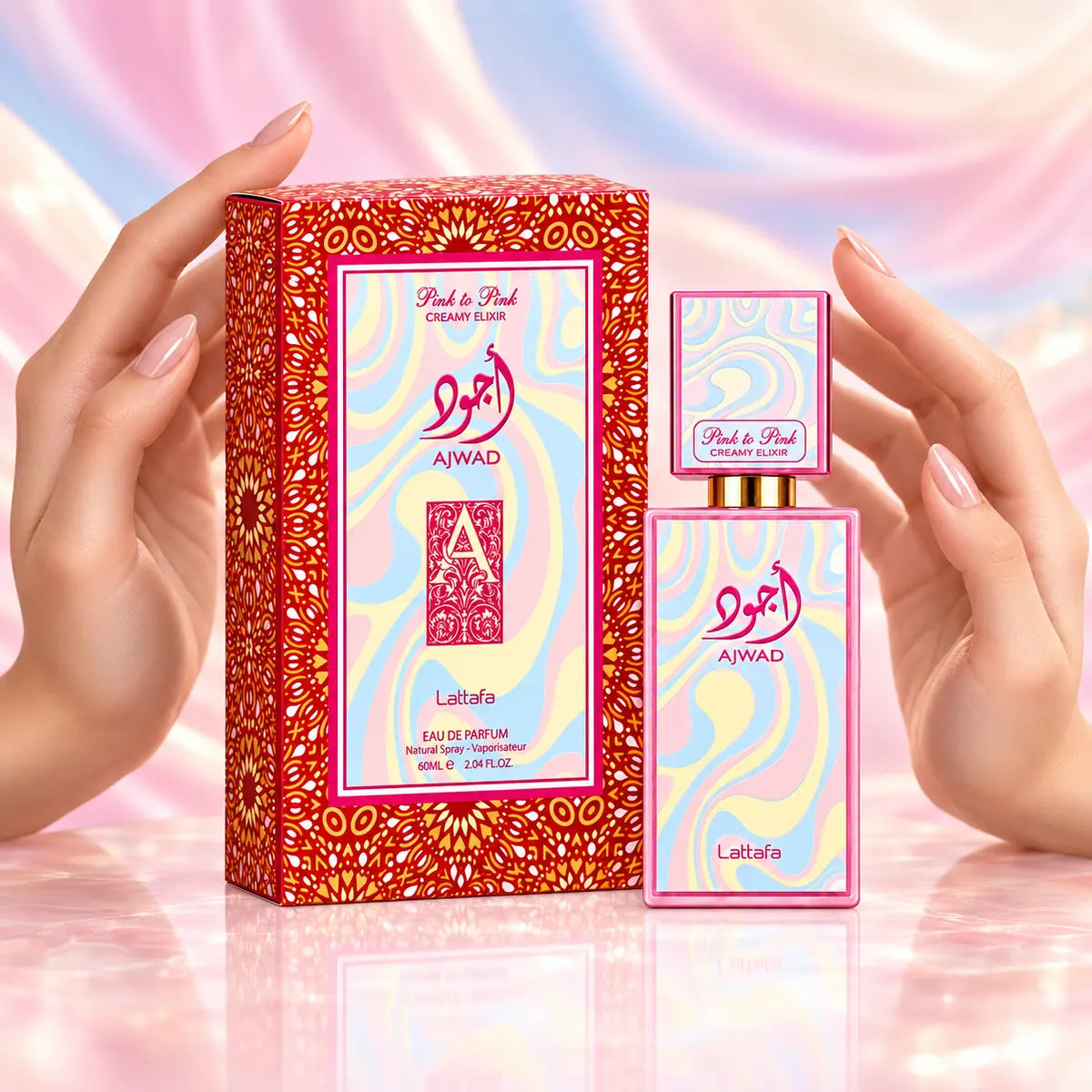 presentación publicitaria de lattafa ajwad pink to pink creamy elixir edp 60 ml