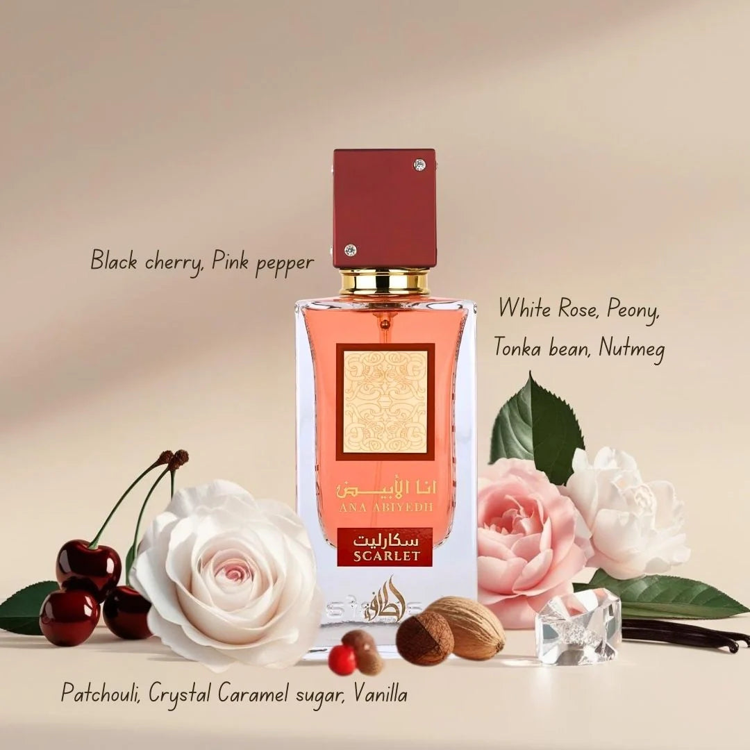 Presentación completa del perfume Ana Abiyedh Scarlet Lattafa 100ml Eau de Parfum con su caja original y detalles decorativos