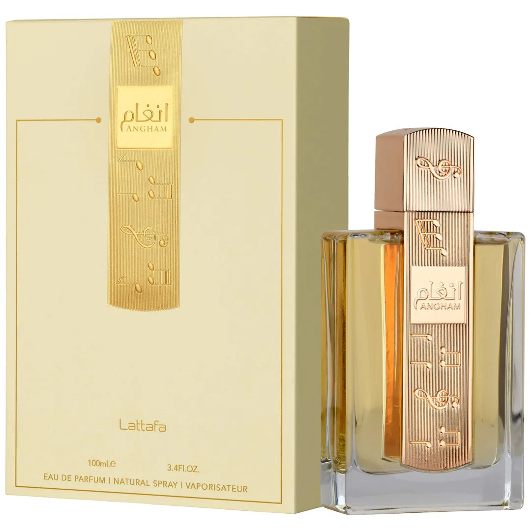 fragancia lattafa angham original 100ml eau de parfum con aroma árabe sofisticado frasco decorado y excelente proyección