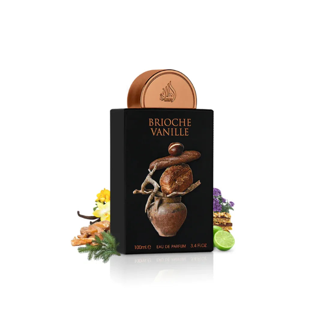 detalle del frasco del perfume estuche lattafa brioche vanilla resaltando el brillo metálico y la textura del envase del set