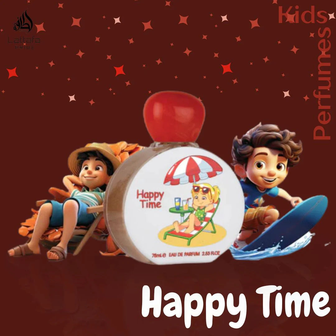 frasco del perfume happy time lattafa mostrando tapa azul y etiqueta infantil con ilustraciones coloridas