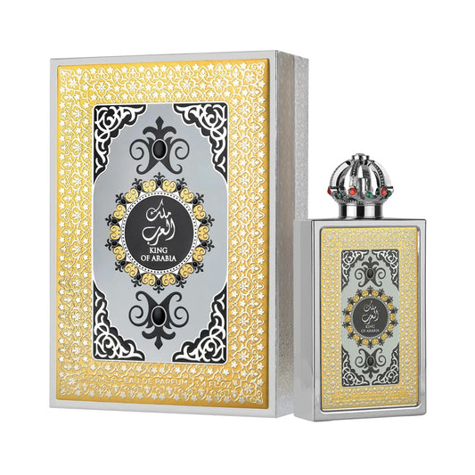 Perfume Lattafa King Of Arabia 100ml Edp con frasco dorado y detalles grabados sobre fondo blanco