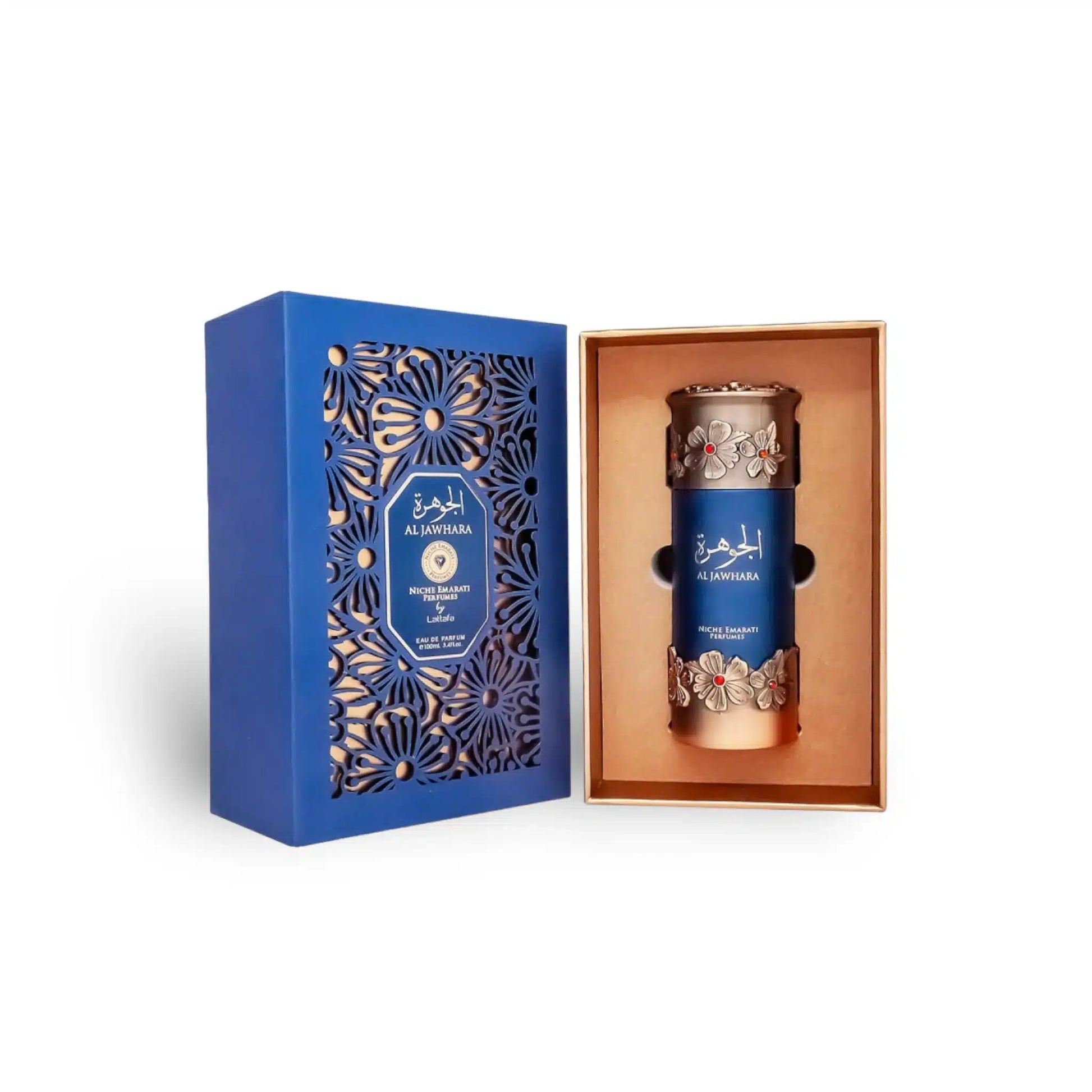 Presentación completa del perfume Niche Emarati Al Jawhara Lattafa 100ml con su caja original decorada en tonos oscuros y dorados