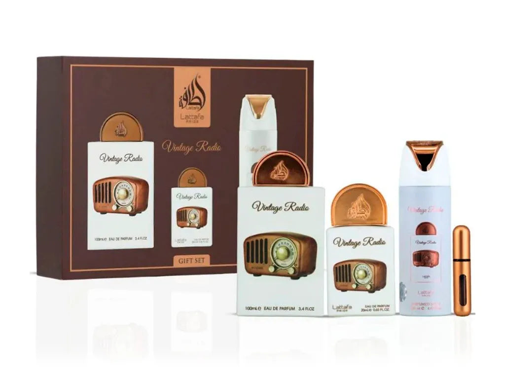 set de perfumes en estuche lattafa vintage radio de 4 piezas color blanco tapa color cobre