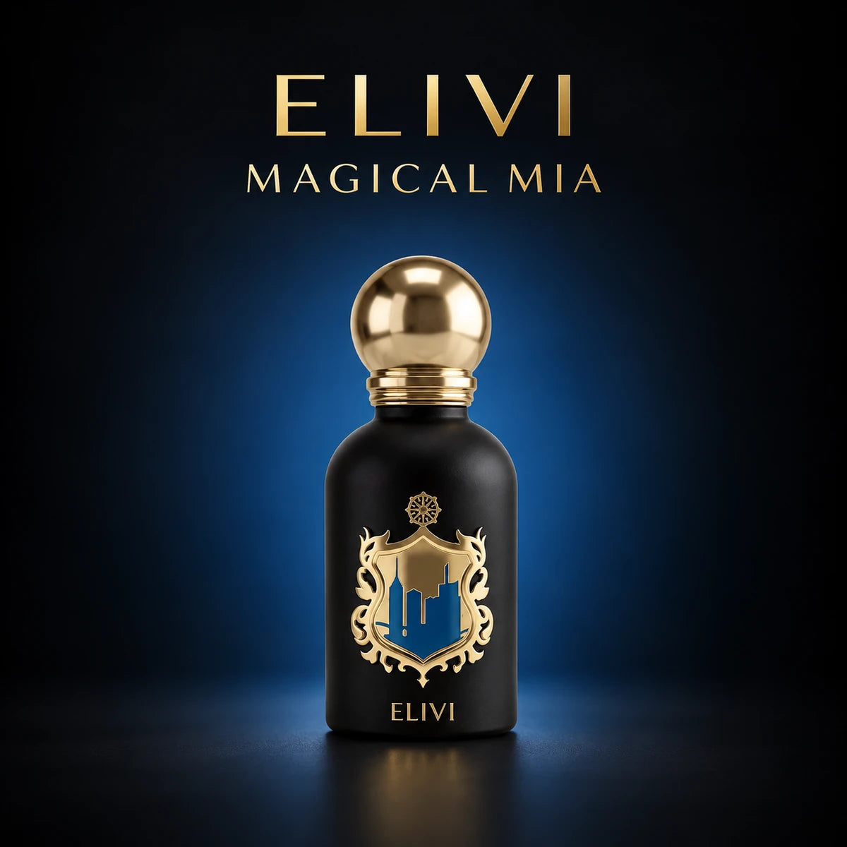 Elivi Magical Mia de 50 ml sobre fondo negro con iluminación azul y la marca y la referencia en letras doradas