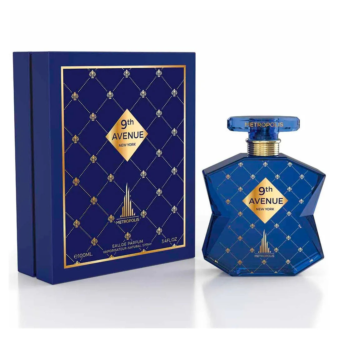 perfume metropolis 9th avenue new york eau de parfum 100ml frasco transparente rectangular con tapa plateada y etiqueta negra
