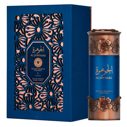 Perfume Niche Emarati Al Jawhara Lattafa 100ml frasco negro con detalles dorados sobre fondo blanco mostrando su diseño elegante y lujoso niche emarati al jawhara