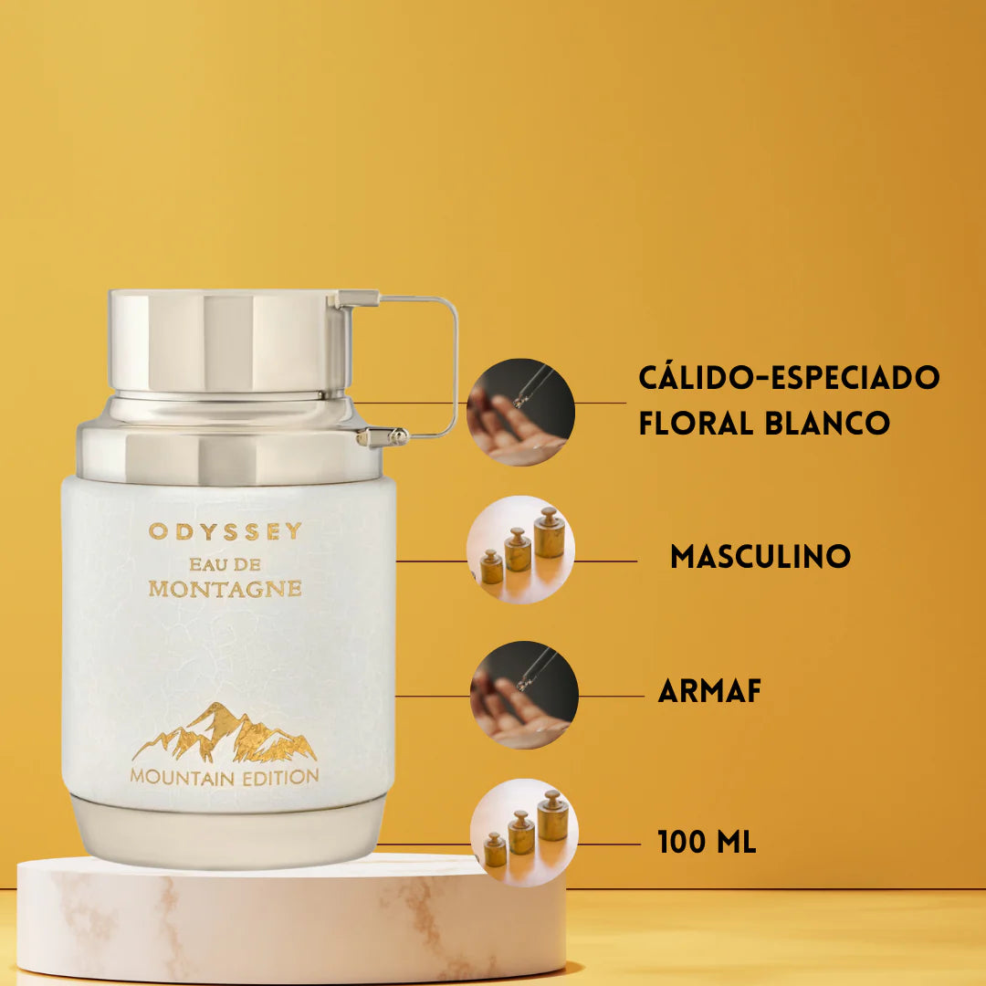 presentación completa del perfume Odyssey Eau De Montagne Armaf con frasco y caja