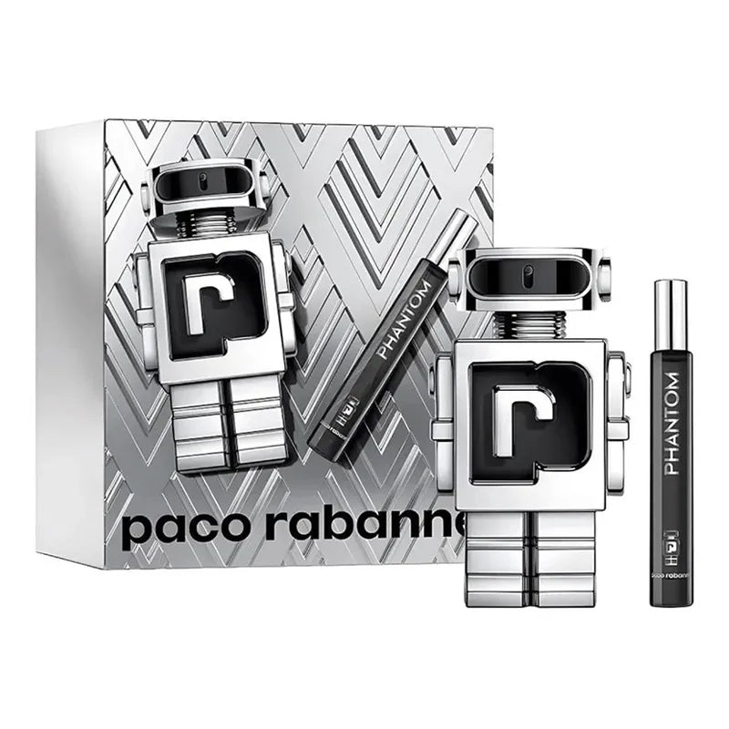 Set de perfume Paco Rabanne Phantom EDT 100ml con diseño futurista y detalles metálicos