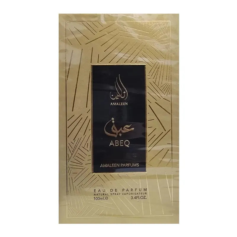 Botella negra elegante de perfume Abeq Amaleen con detalles dorados