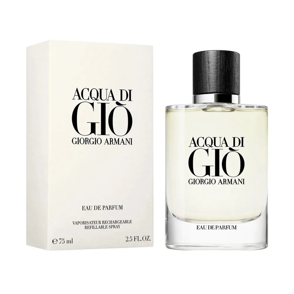 Botella azul Acqua Di Gio Armani EDP 75ml con diseño ondulado y logo plateado