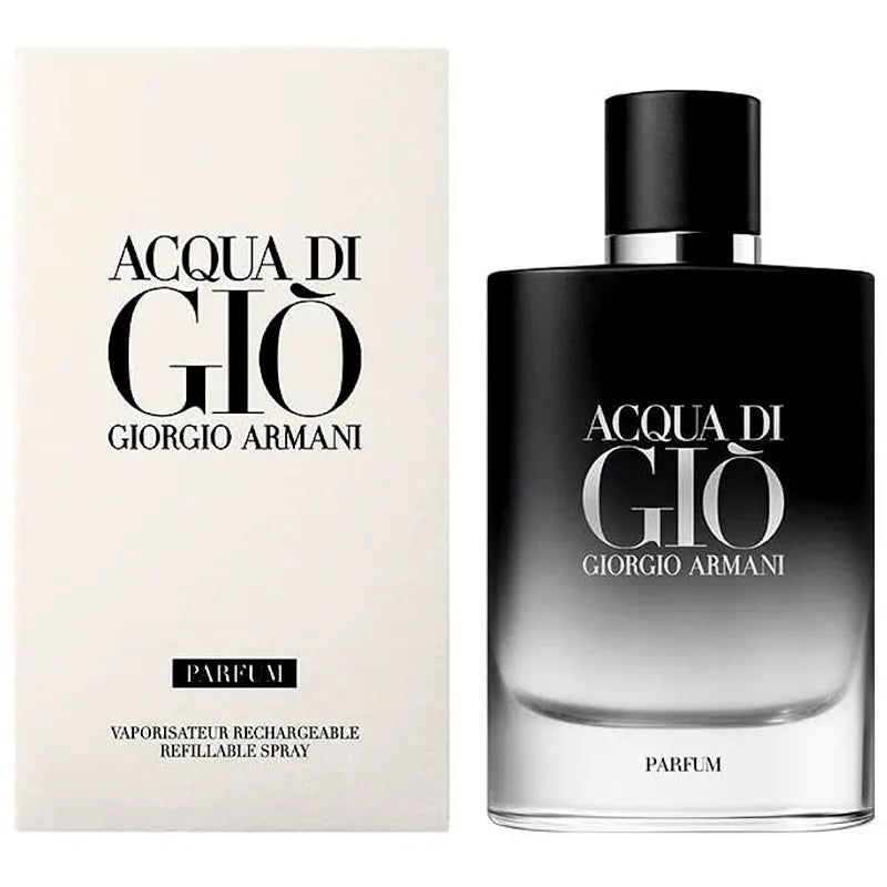 Botella azul oscuro premium de Acqua Di Gio Parfum con diseño elegante