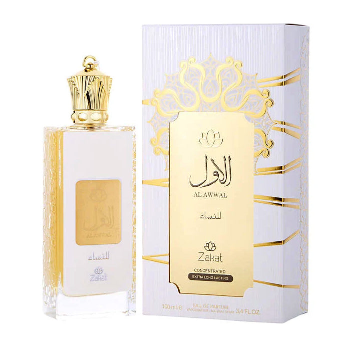 Perfume Al Awwal Nisae Zakat para mujer fragancia floral oriental con notas de jazmín vainilla y sándalo presentación de 100 ml Eau de Parfum