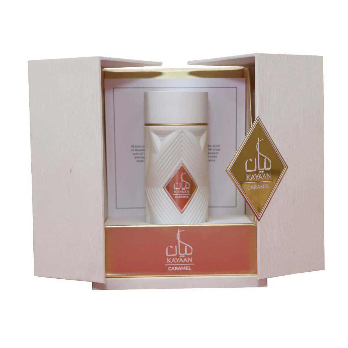 Vista completa del perfume Armaf Kayaan Caramel Ansam 100ml Eau de Parfum con fondo neutro profesional