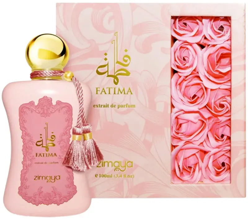 Perfume Fatima de Zimaya extrait de parfum para mujer fragancia oriental intensa con notas de azafrán rosa y ámbar en presentación de lujo de 100 ml