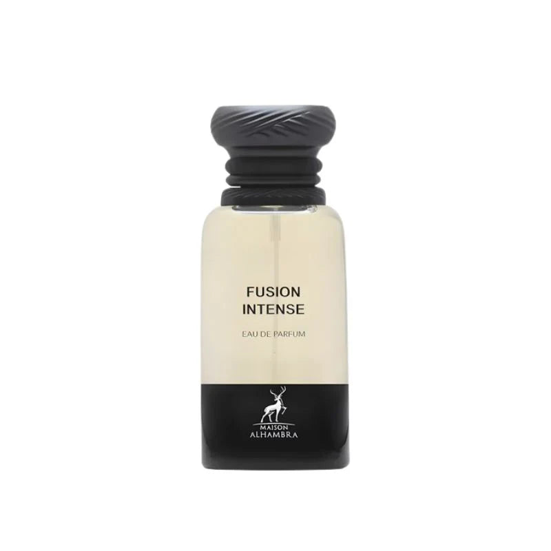 presentación completa del perfume fusion intense maison alhambra 80 ml junto a su caja original con tonos metálicos y acabado brillante