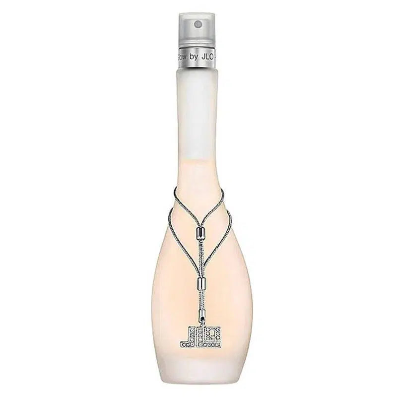 caja original del perfume glow de jennifer lopez con detalles plateados y tipografía elegante