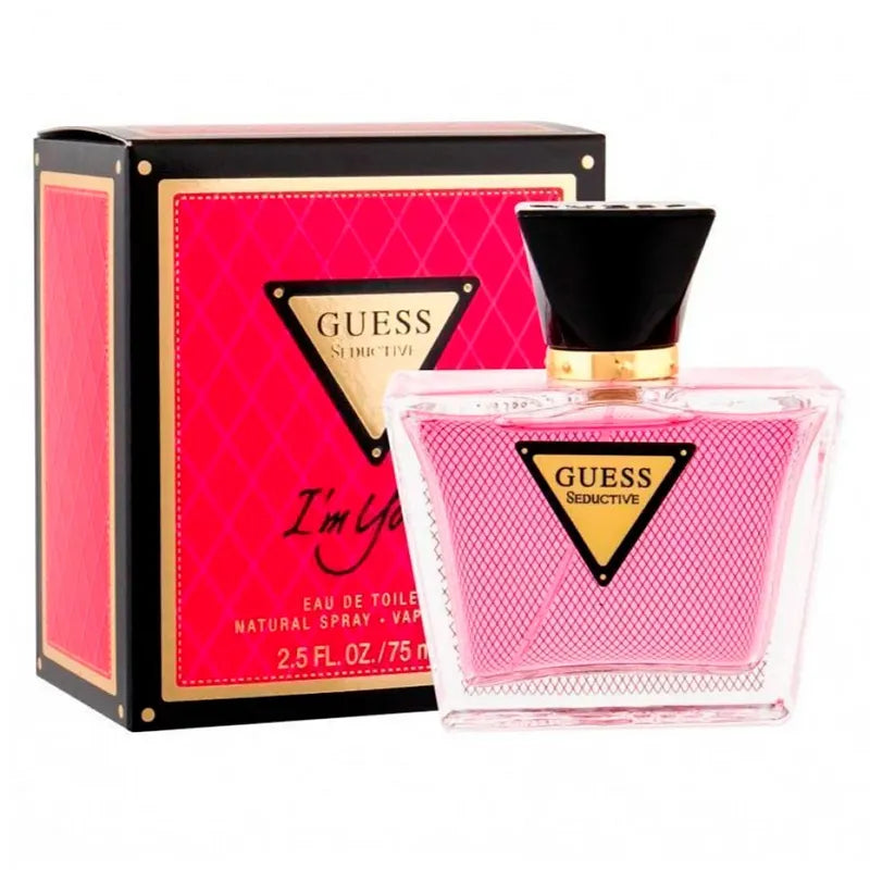 perfume guess im yours seductive para mujer en frasco rosa con detalles plateados y tapa negra