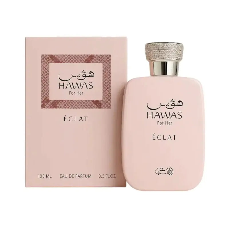 perfume hawas eclat rasasi para mujer en frasco rosa con detalles dorados y tapa dorada