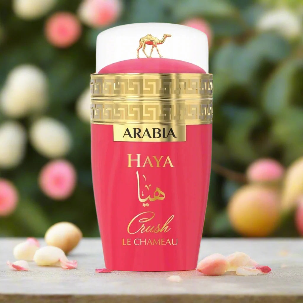 vista lateral del perfume haya crush le chameau 100 ml con tapa metálica dorada