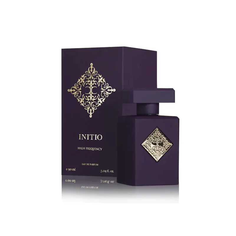 perfume initio high frequency en frasco negro con detalles azules eléctricos