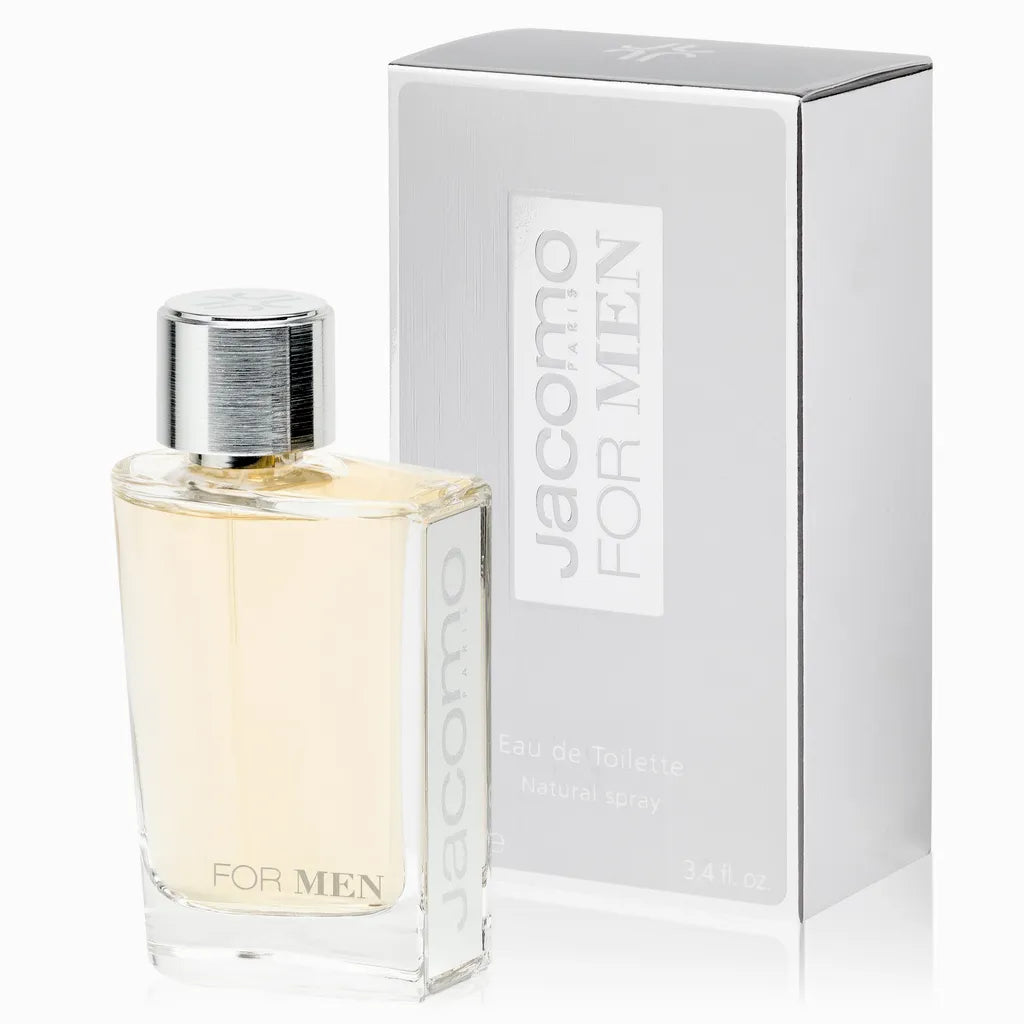 caja original del perfume jacomo for men con logotipo negro y detalles plateados en diseño elegante