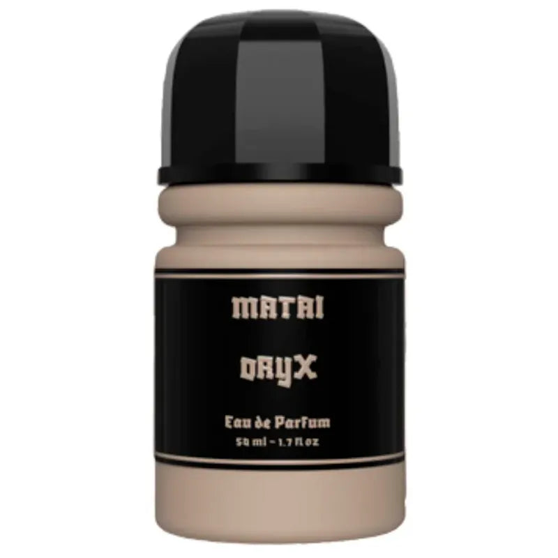 Botella negra del perfume Oryx Matai 50ml EDP con diseño rústico y elegante