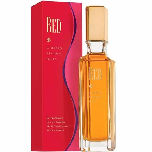 perfume red giorgio beverly hills para mujer en frasco rojo transparente con tapa plateada
