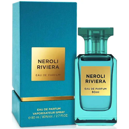 Perfume Riviera Neroli Fragrance World fragancia cítrica floral con notas de neroli bergamota y almizcle presentación de 80 ml Eau de Parfum