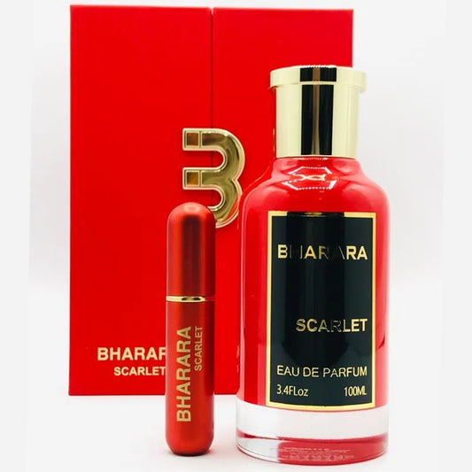 Perfume Scarlet de Bharara fragancia floral especiada con notas de pimienta rosa peonía y vainilla presentación de 100 ml Eau de Parfum
