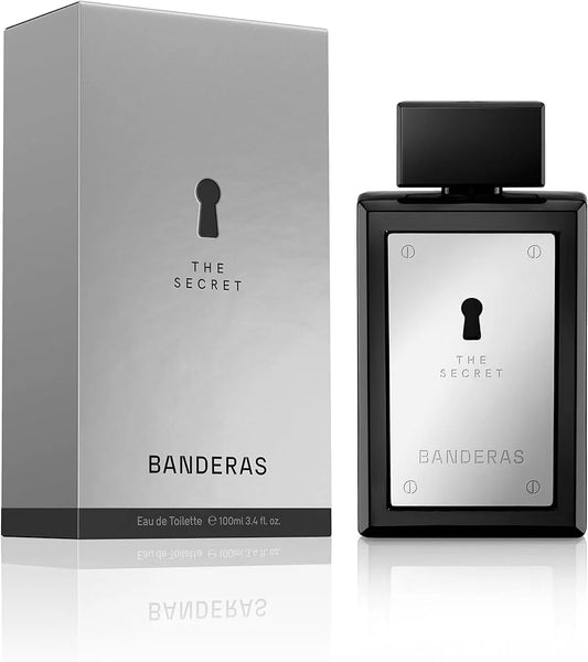 Botella negra elegante perfume The Secret Antonio Banderas EDT 100ml con detalles plateados