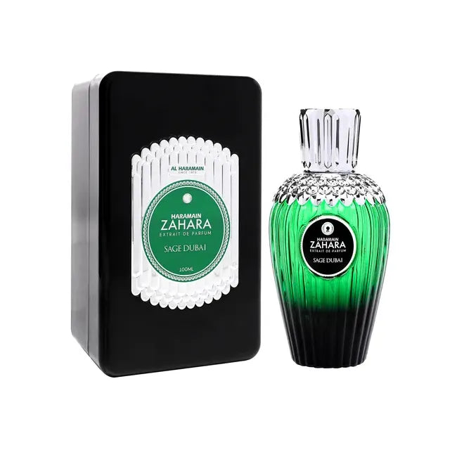 perfume zahara sage dubai al haramain en frasco verde oscuro con detalles dorados y tapa negra