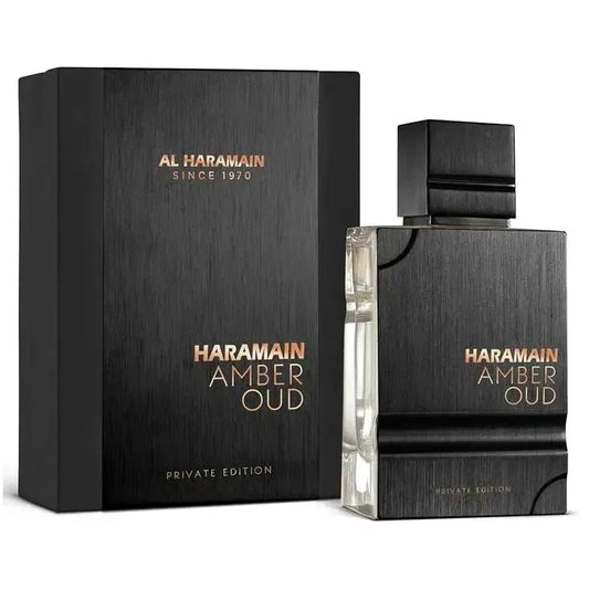 perfume amber oud private edition al haramain frasco de 60ml con diseño lujoso y detalles dorados