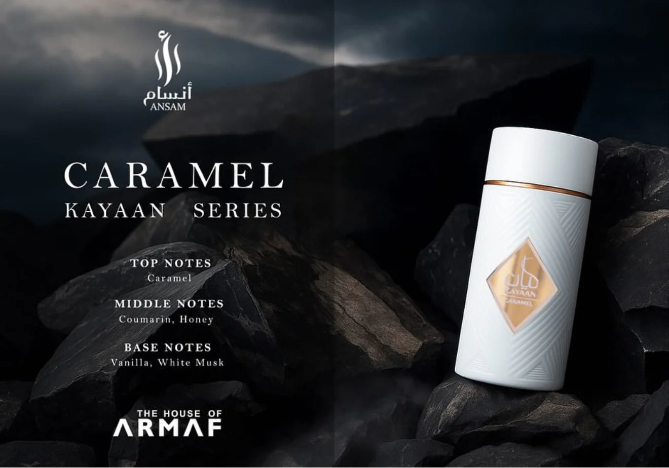 Detalle cercano del frasco Armaf Kayaan Caramel Ansam resaltando el logotipo grabado y el tono cálido del envase