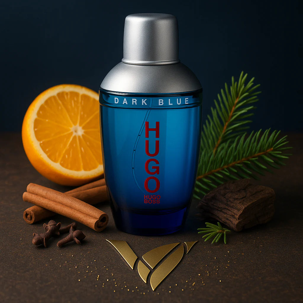 Perfume original Hugo Boss Dark Blue Travel Voyage 75ml con tapa metálica y presentación de lujo sobre fondo claro