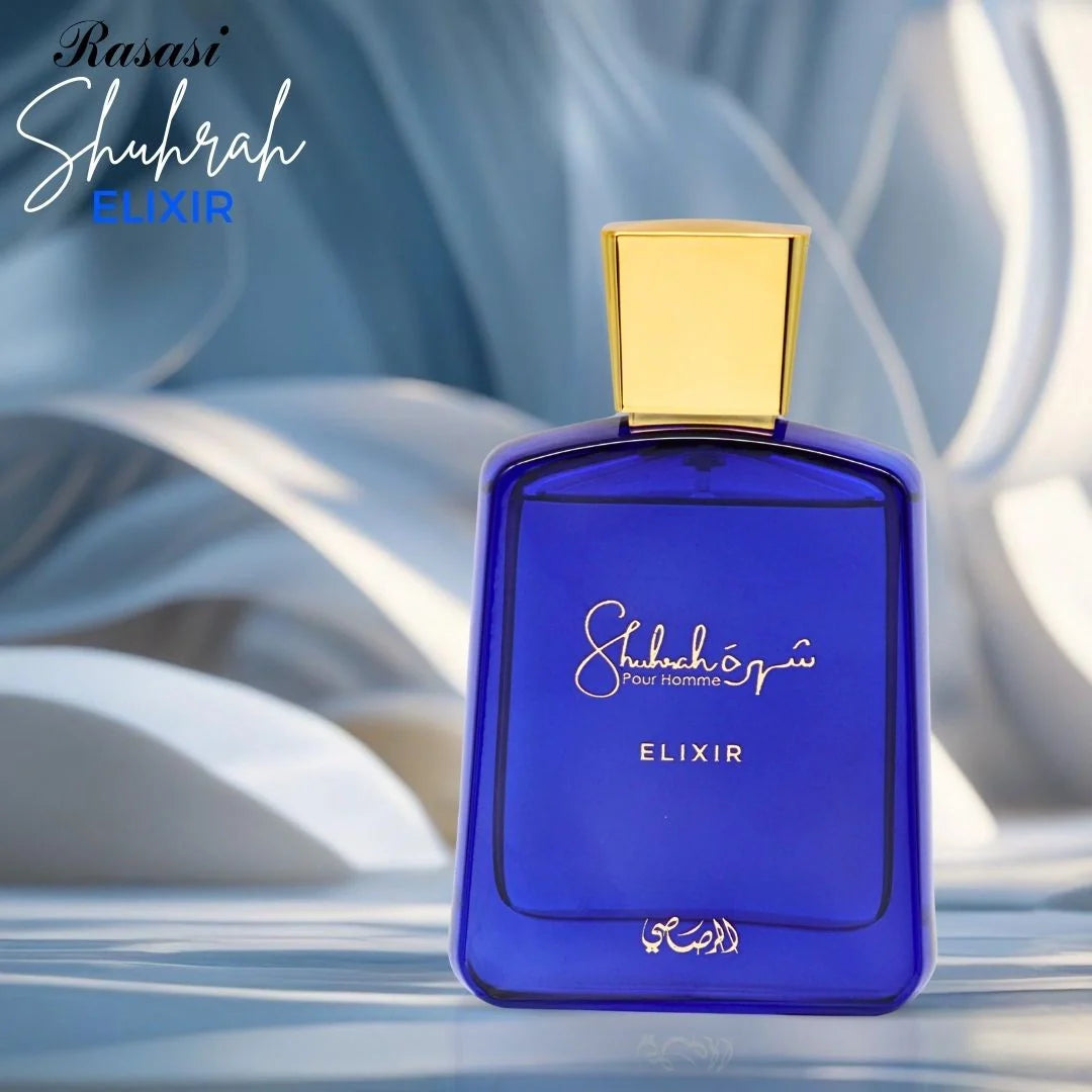 presentación del perfume Shuhrah Elixir Rasasi para hombre original
