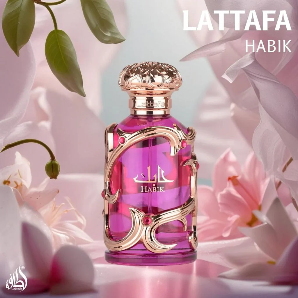Presentación completa del perfume Habik Lattafa 100ml con su caja original y frasco transparente resaltando su aspecto femenino y moderno