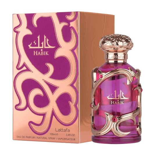 Perfume Lattafa Habik Eau de Parfum 100ml frasco elegante con tapa dorada y detalles finos sobre fondo blanco mostrando su diseño refinado