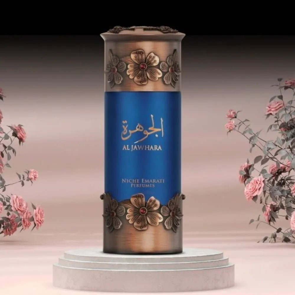 perfume de lujo Lattafa Niche Emarati Al Jawhara en envase azul con dorado diseño elegante mostrando el poder de los perfumes arabes