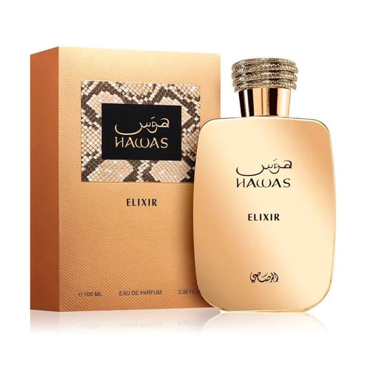 Perfume Rasasi Hawas Elixir 100ml Eau de Parfum con frasco oscuro y diseño elegante sobre fondo blanco