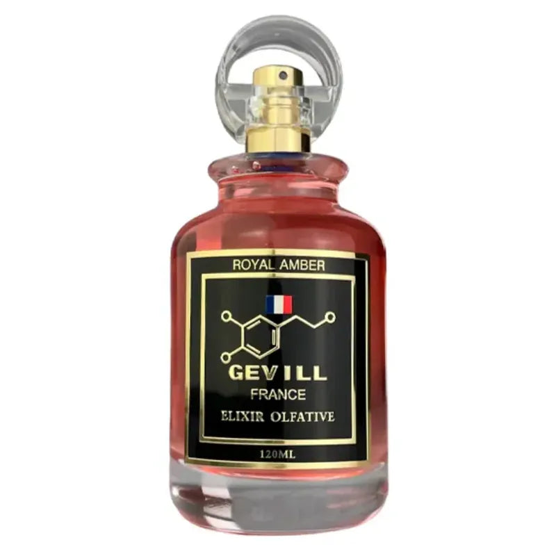 frasco de perfume royal amber de gevill france 120ml elixir olfative fragancia unisex ambarada de alta duración y proyección