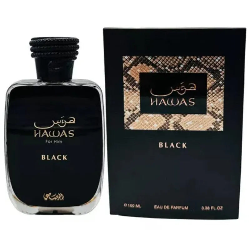 Rasasi Hawas Black Eau de Parfum 100 ml perfume masculino aroma audaz y misterioso combinación de frutas oscuras especias cálidas y maderas profundas para un impacto duradero