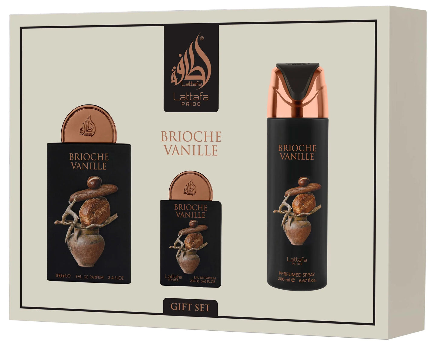 vista frontal del estuche de perfumes lattafa brioche vanilla mostrando su diseño sofisticado y etiqueta decorativa