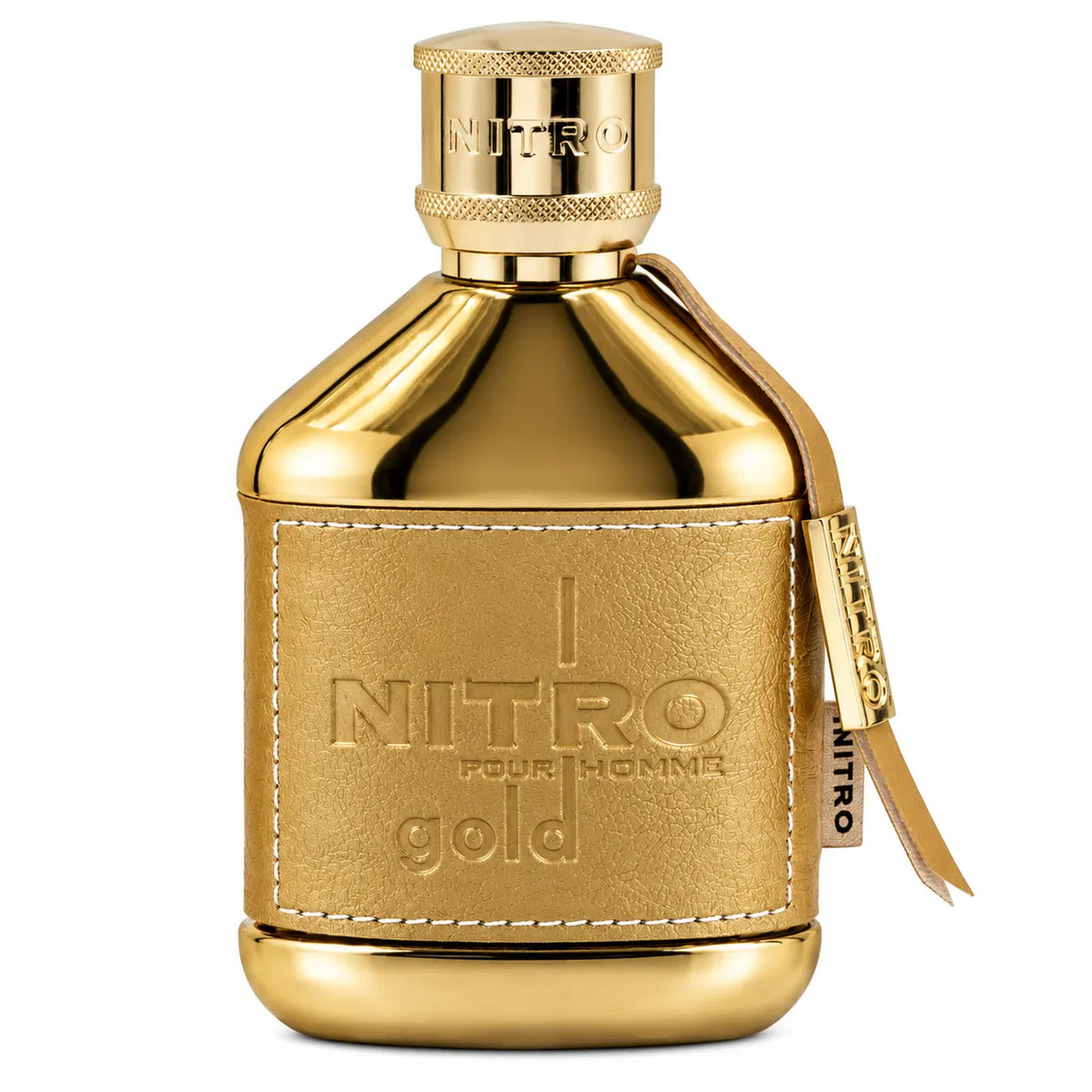 Vista frontal de Dumont Nitro Gold Extrait de Parfum 100ml, frasco de perfume masculino con composición frutal, acuática y amaderada