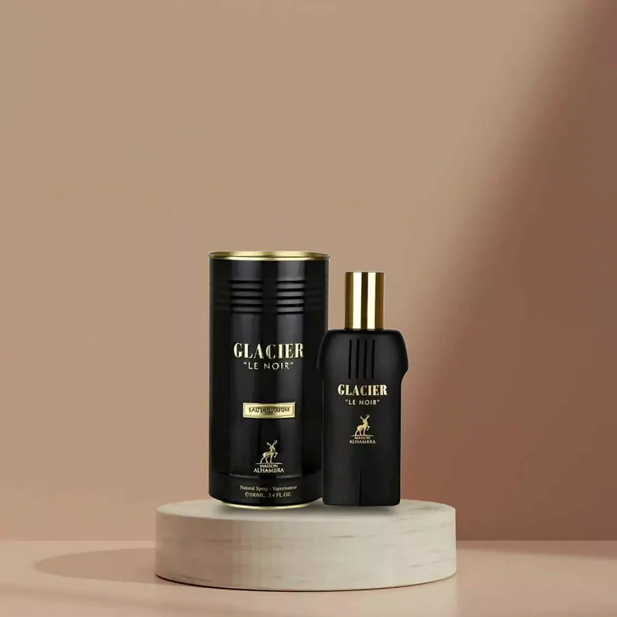 Vista frontal de Maison Alhambra Glacier Le Noir EDP 100ml, destacando el diseño del frasco y su presentación elegante.