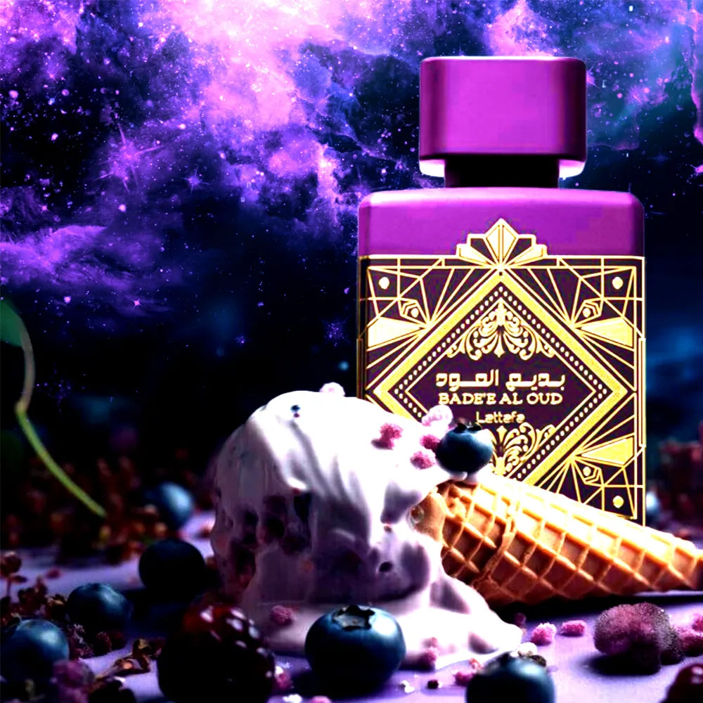 Vista frontal del perfume Bade'e Al Oud Amethyst Lattafa Eau de Parfum